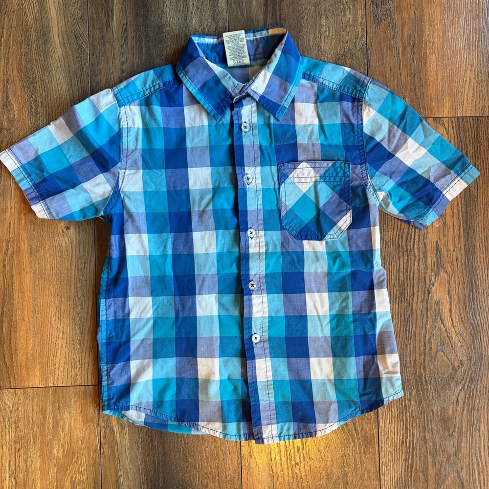 Faded Glory Boys Youth 8 Medium Blue Checkered Flannel Button down Kids Shirt